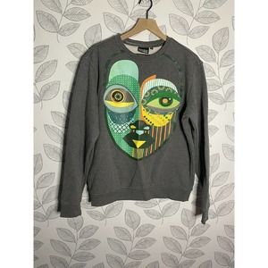 Koodoo Green Abstract Face Gray Sweater, Size - L
